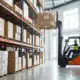 Orange warehouse forklift moving inventory on shelves for efficient product returns management