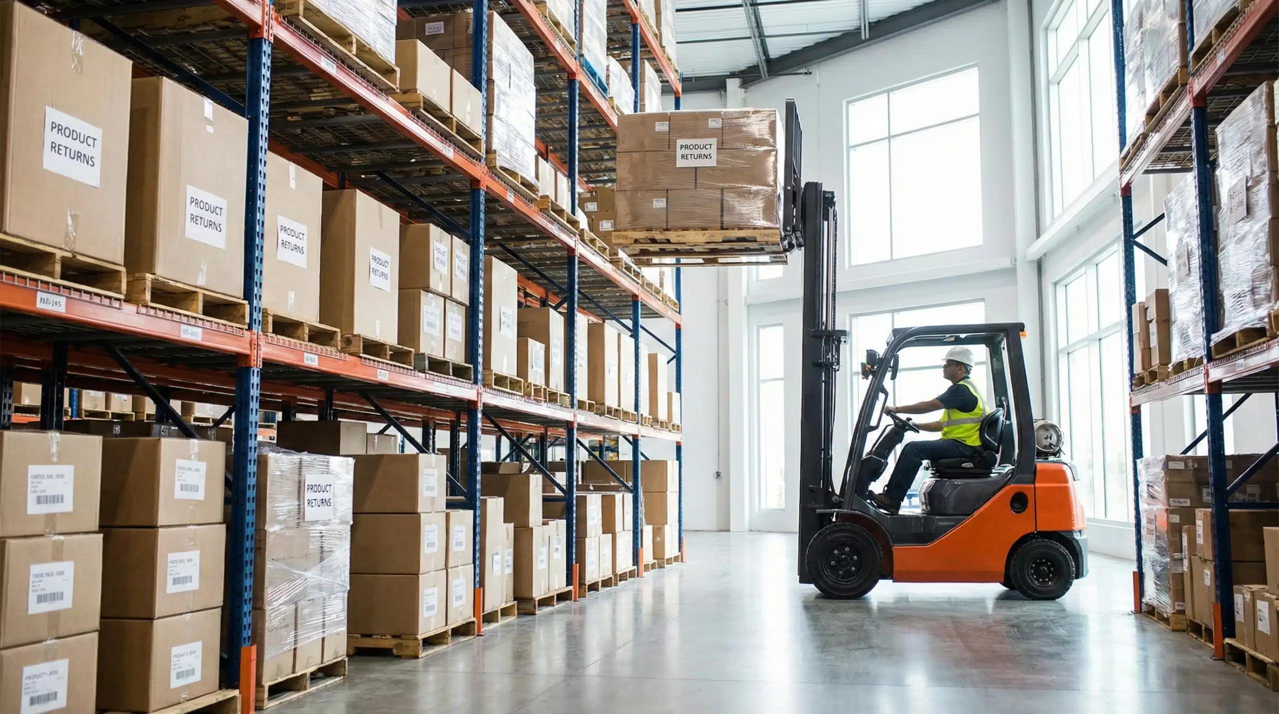 Orange warehouse forklift moving inventory on shelves for efficient product returns management