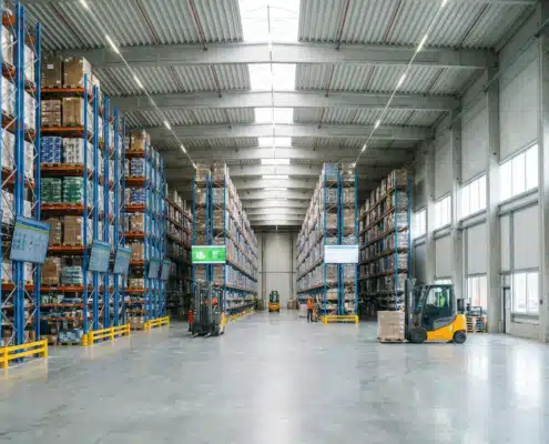 Large warehouse with blue pallet racking systems storing inventory for just-in-time management