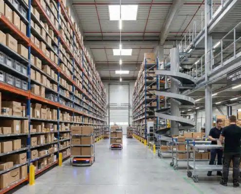 Modern warehouse with multi-level shelving systems storing eCommerce inventory for order picking