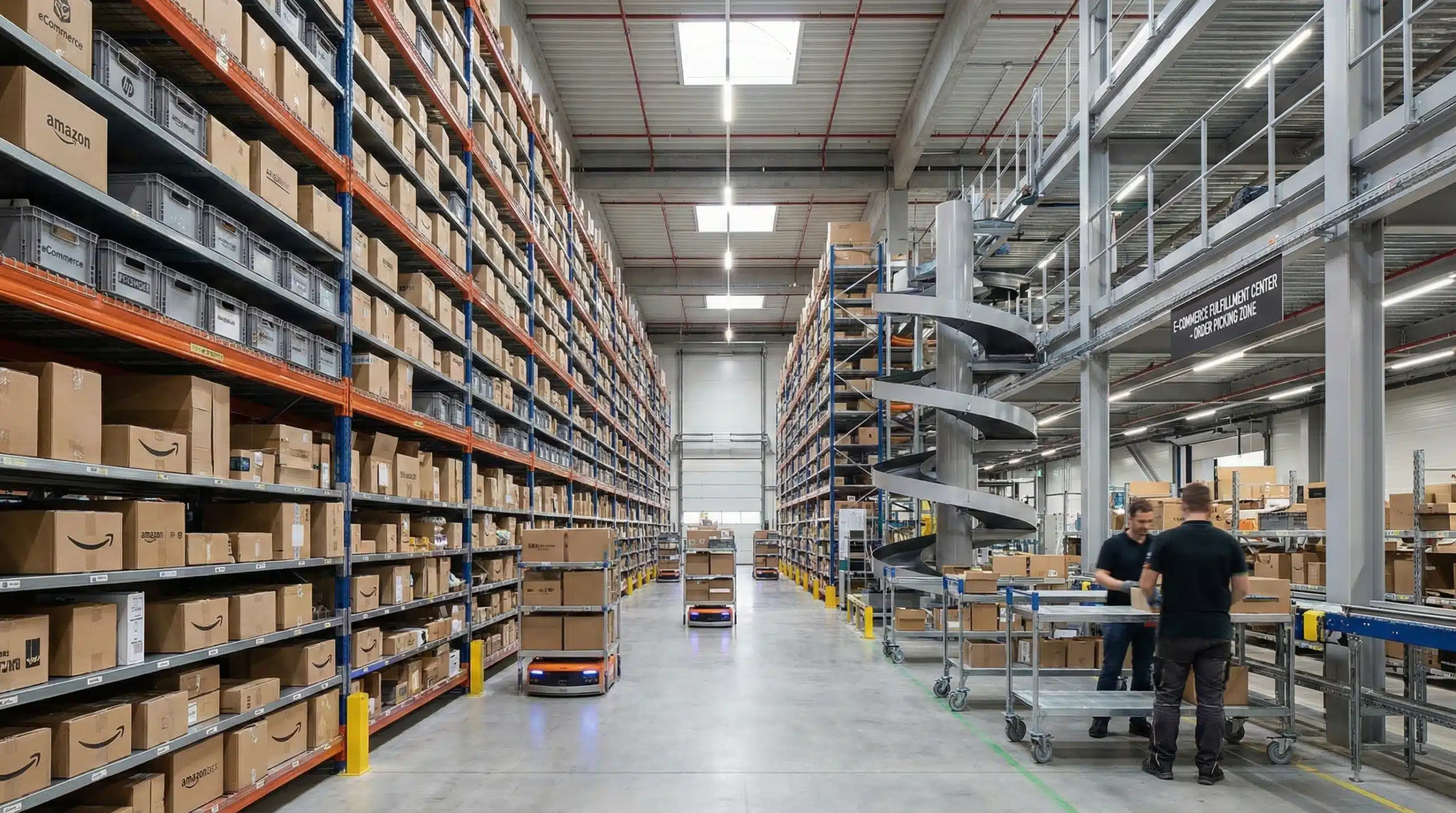 Modern warehouse with multi-level shelving systems storing eCommerce inventory for order picking