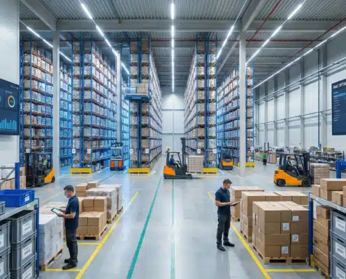 Modern warehouse with organized inventory shelves and WMS-optimized storage systems