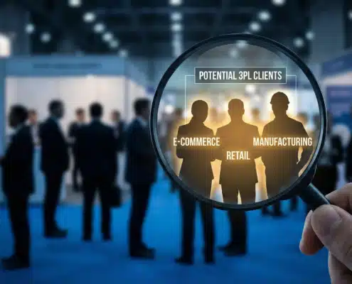 Magnifying glass highlighting potential 3PL clients from crowd of business silhouettes
