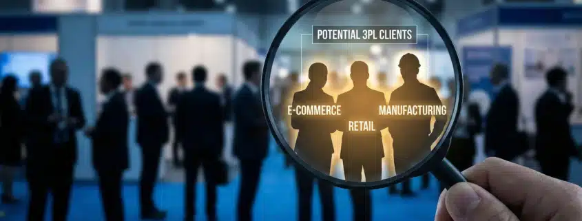 Magnifying glass highlighting potential 3PL clients from crowd of business silhouettes