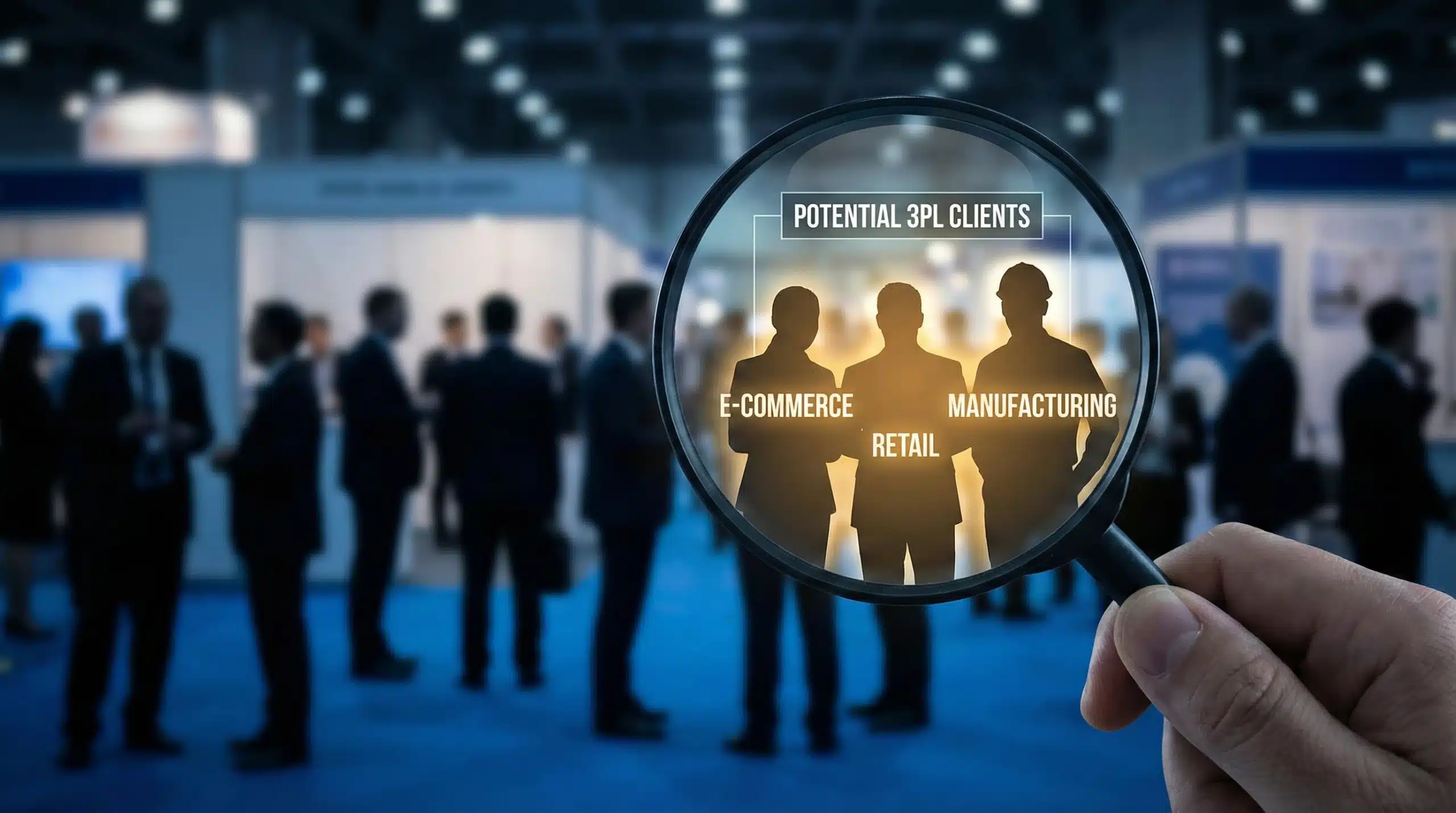 Magnifying glass highlighting potential 3PL clients from crowd of business silhouettes