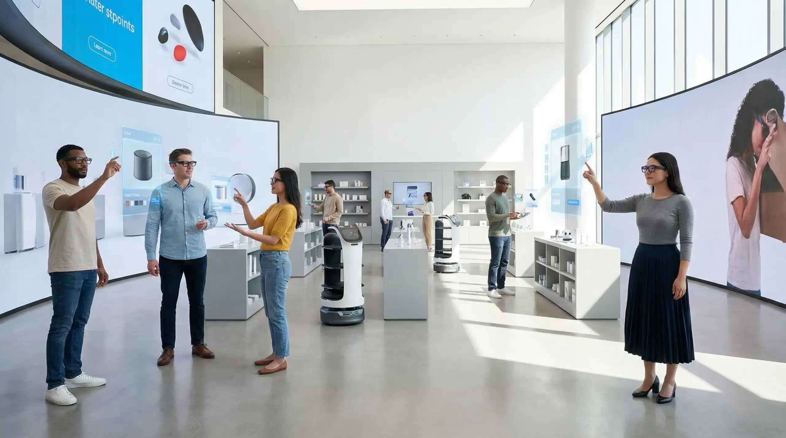 Modern retail store with customers using interactive displays and digital shopping technology