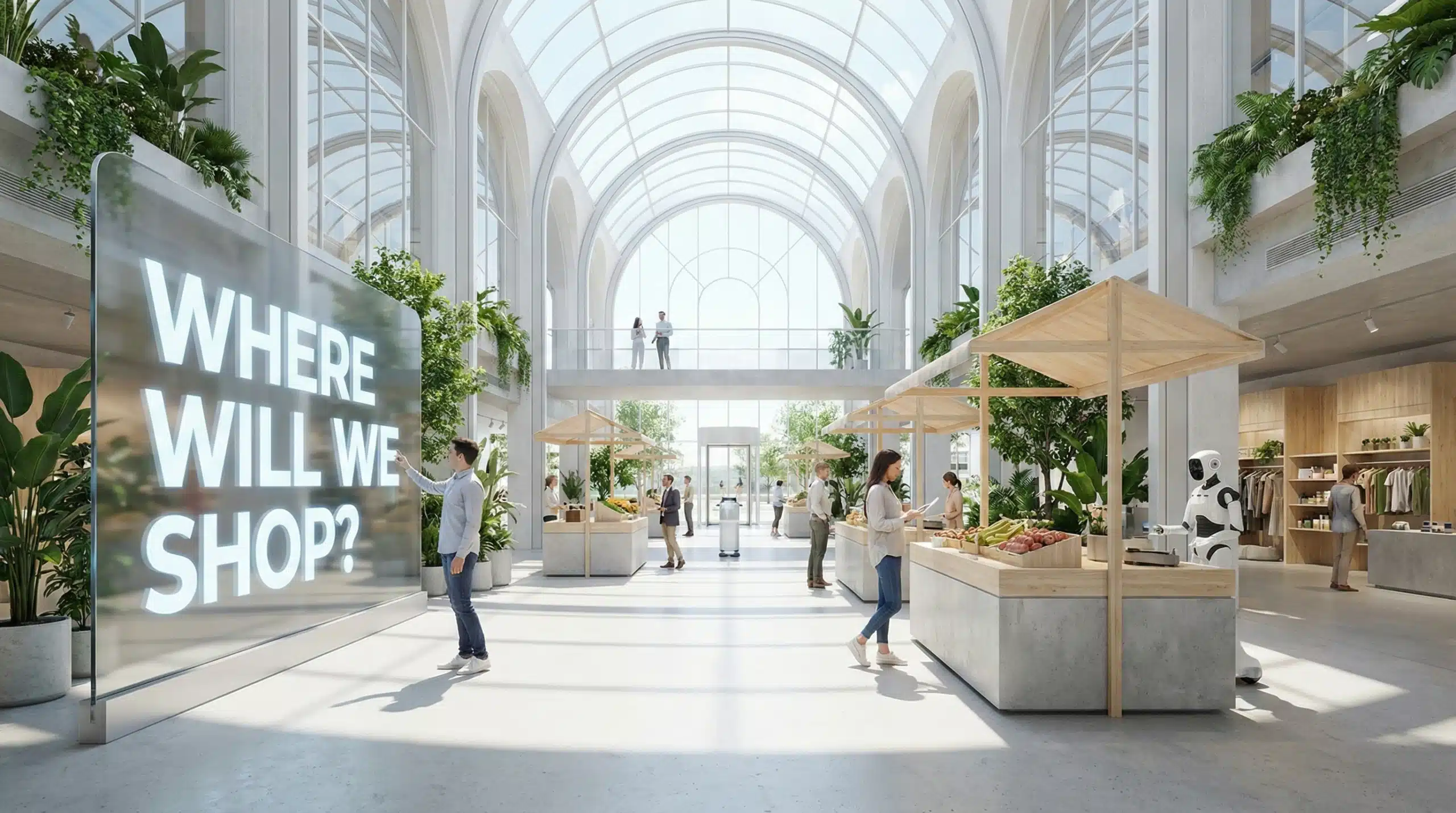 Futuristic retail shopping mall with glass architecture, greenery, and "Where Will We Shop?" display