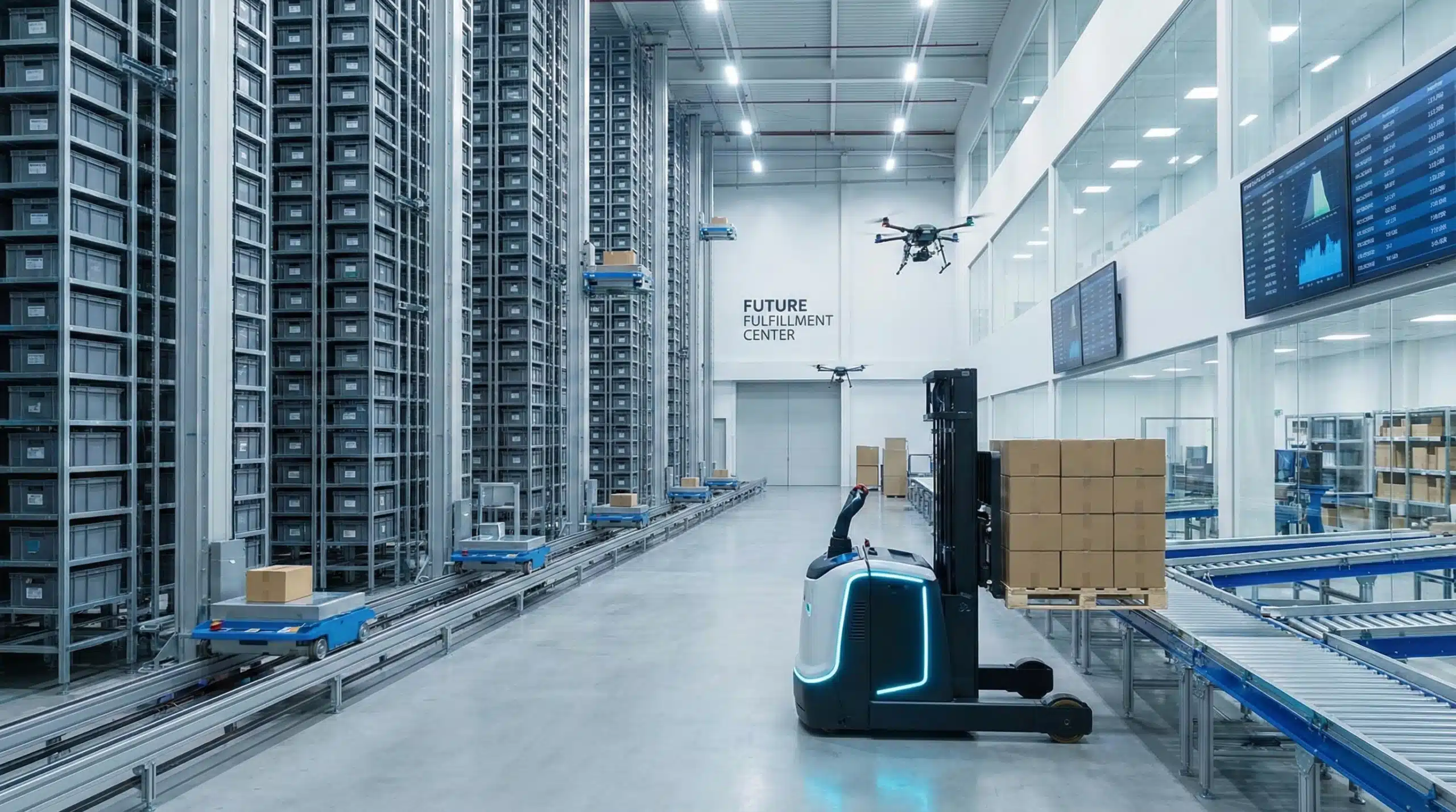 Modern warehouse fulfillment center with forklift and automated storage systems for future retail