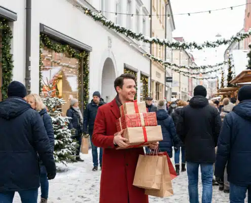 Person in red coat carrying holiday gift boxes during festive winter shopping season