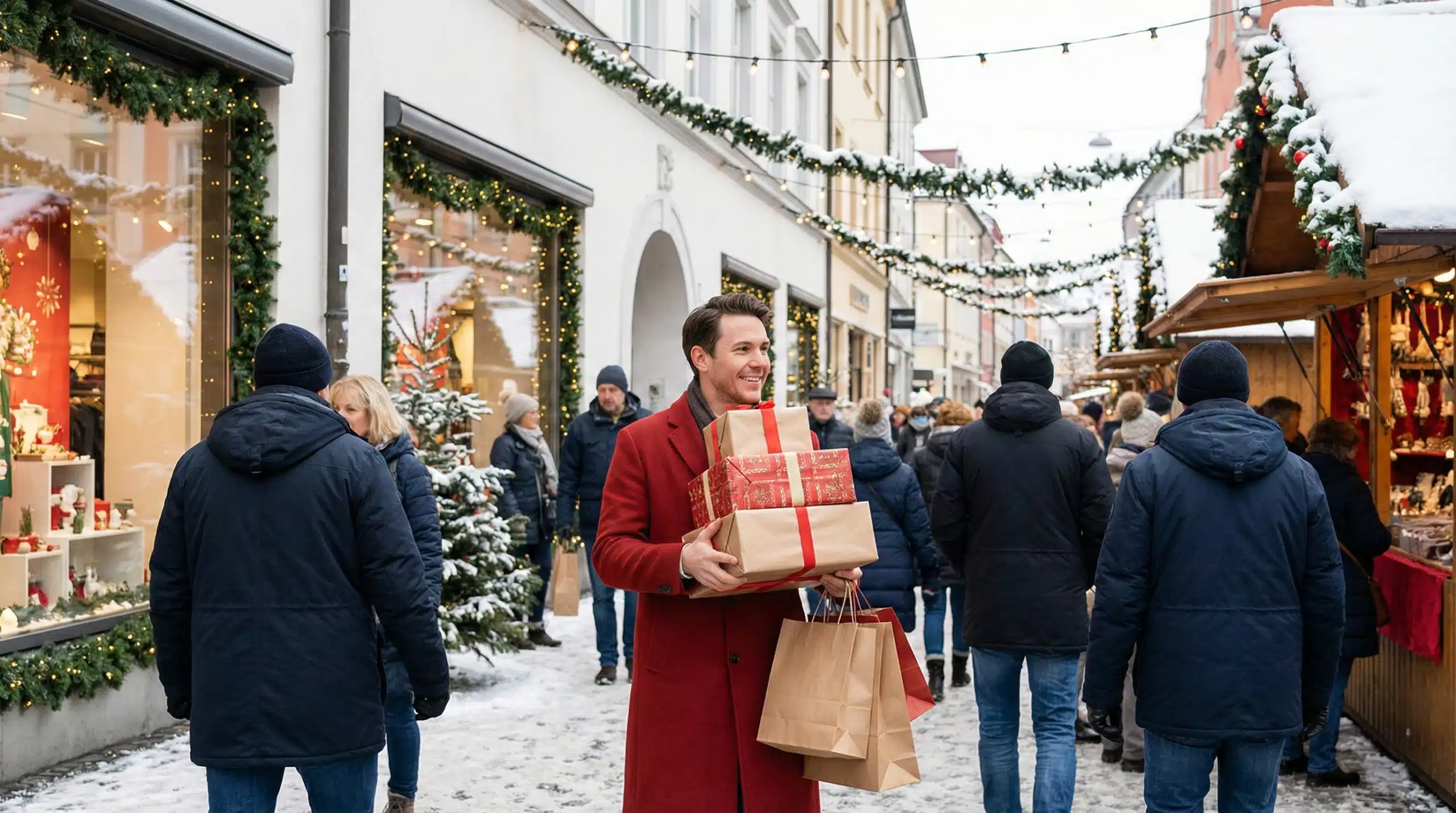 Person in red coat carrying holiday gift boxes during festive winter shopping season