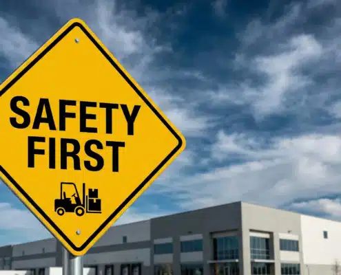Yellow safety first road sign against cloudy blue sky for warehouse safety