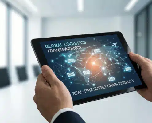 Hands holding tablet with interconnected data network visualization for global logistics transparency