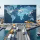 Global logistics network showing airplanes, trucks, and cargo ships with world map