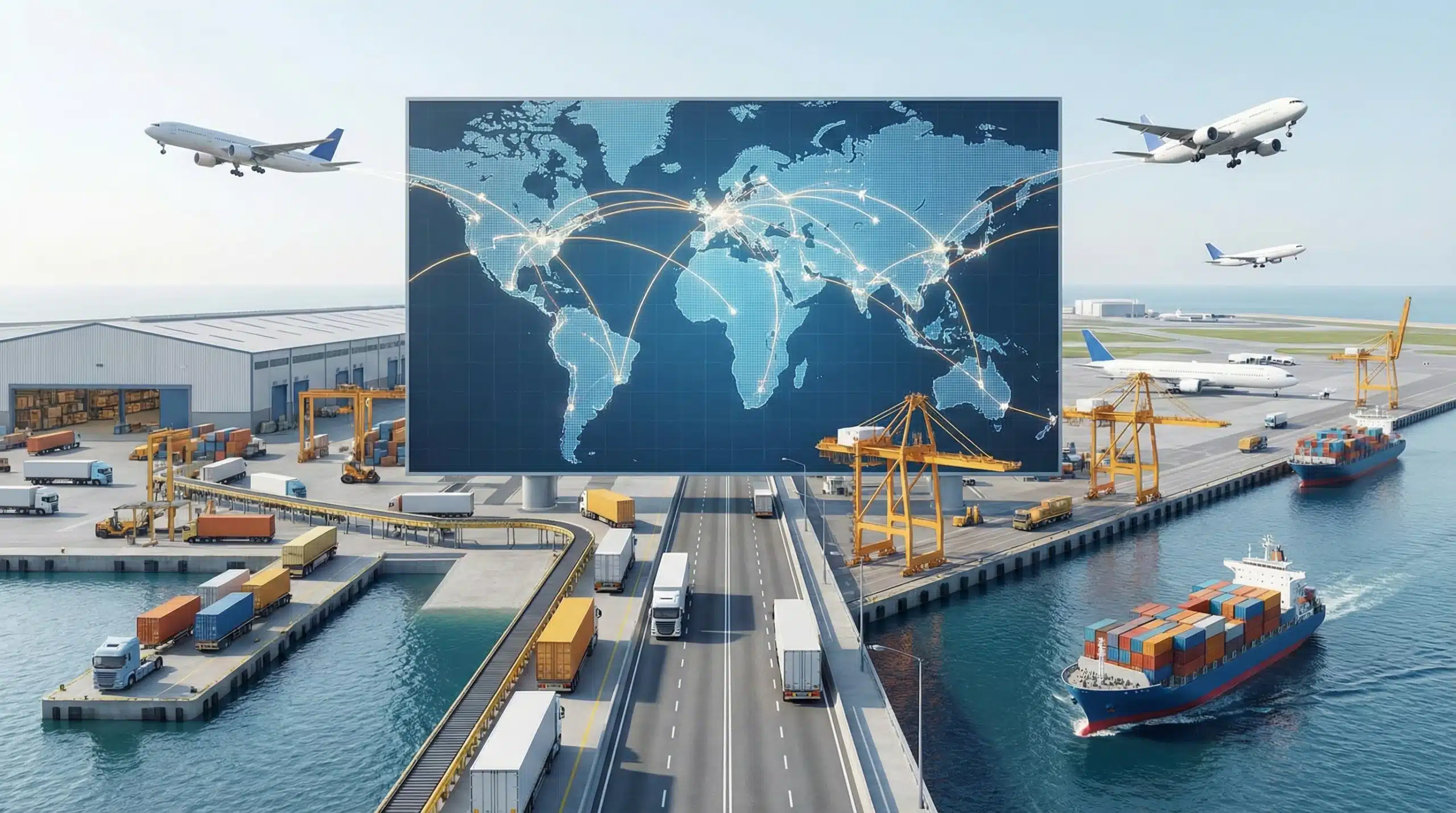 Global logistics network showing airplanes, trucks, and cargo ships with world map