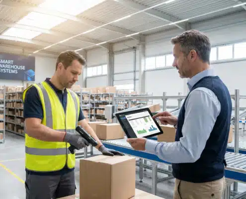 Warehouse worker using RF scanner while manager reviews RFID inventory data on tablet