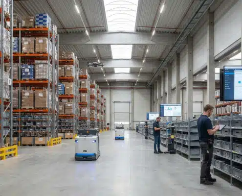 Modern warehouse with organized shelving systems and inventory management for WMS software implementation
