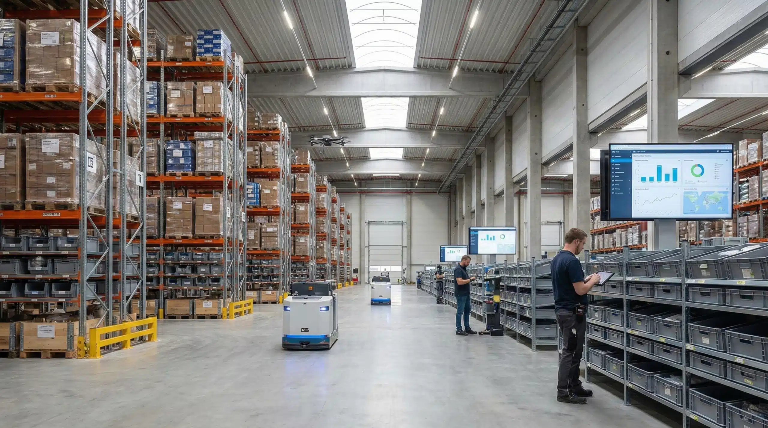 Modern warehouse with organized shelving systems and inventory management for WMS software implementation