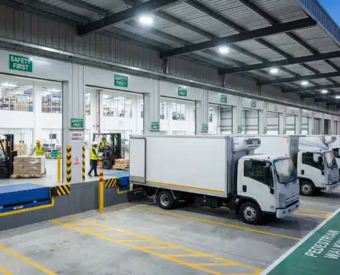 Safe warehouse loading dock with organized trucks and safety equipment