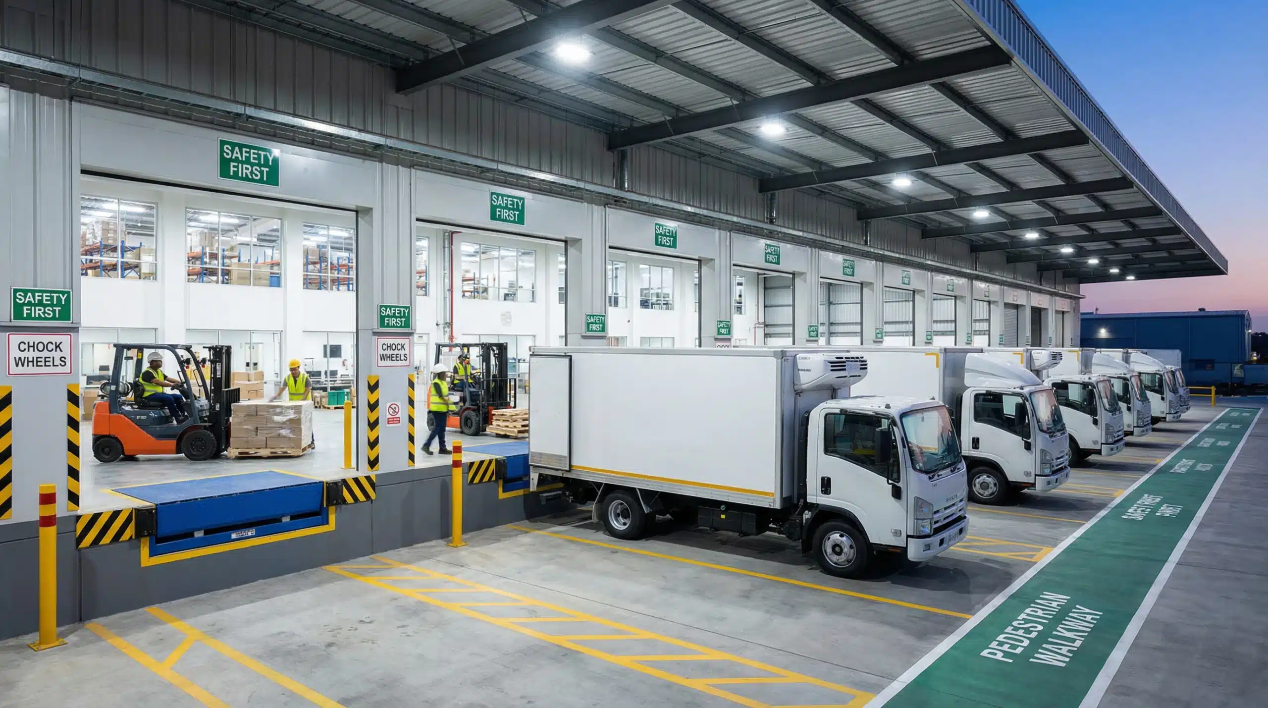 Safe warehouse loading dock with organized trucks and safety equipment
