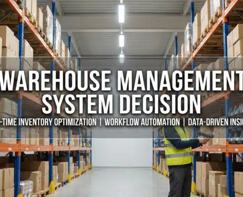 Warehouse management system decision - warehouse aisle with inventory shelving and WMS text overlay