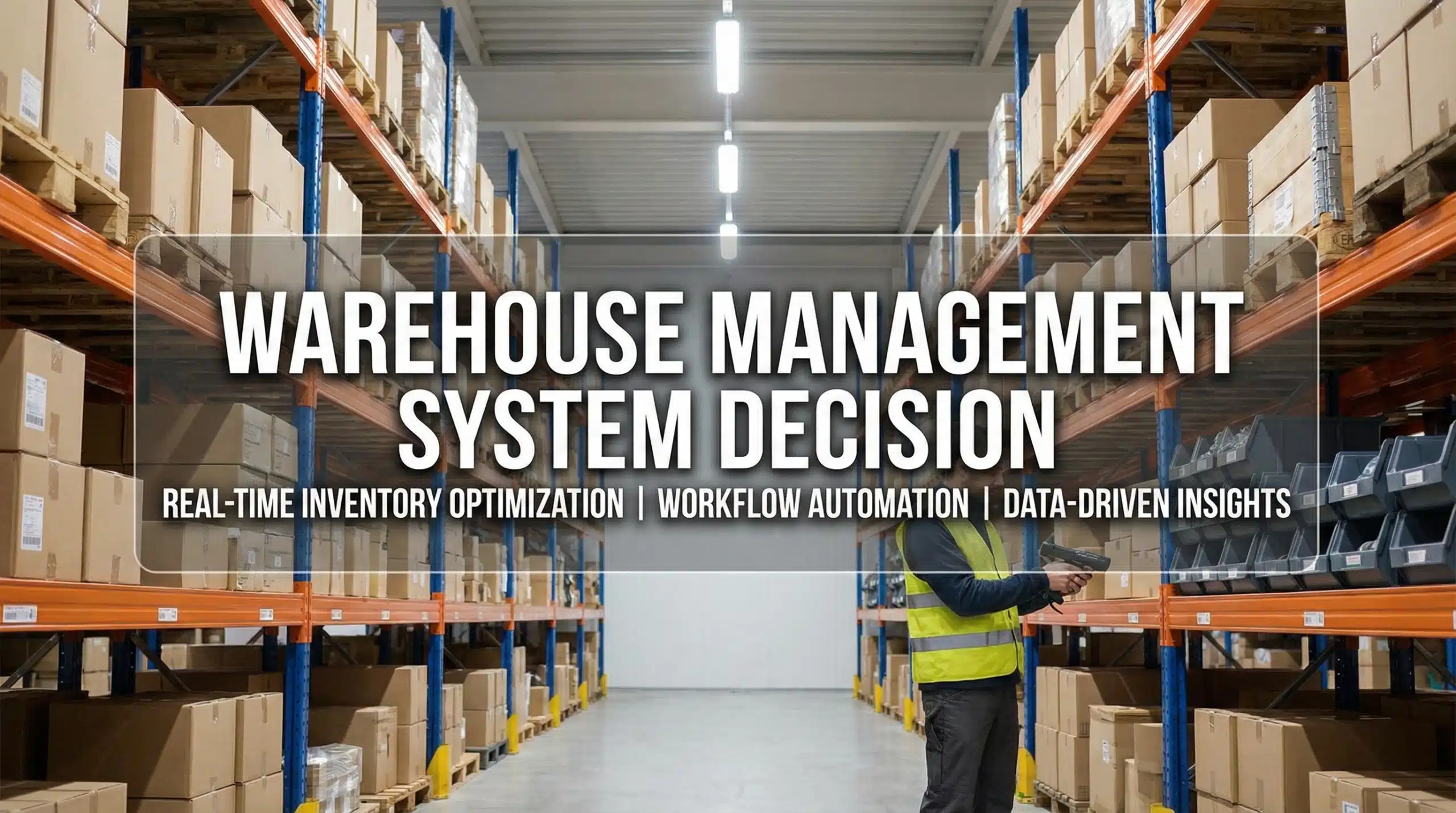 Warehouse management system decision - warehouse aisle with inventory shelving and WMS text overlay