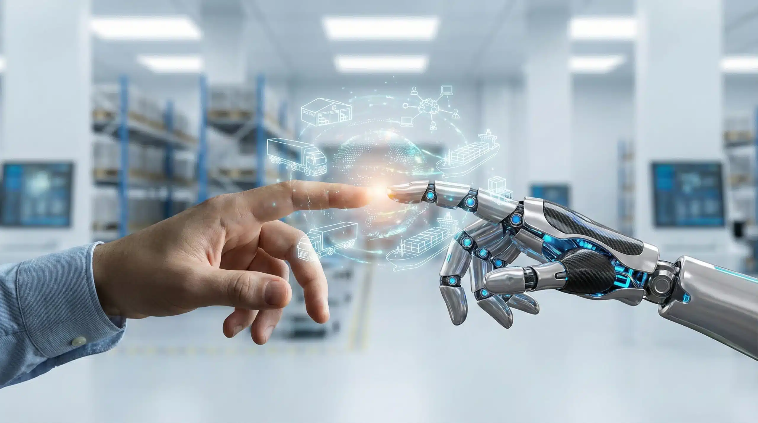 Human hand reaching toward robotic hand representing supply chain management transformation