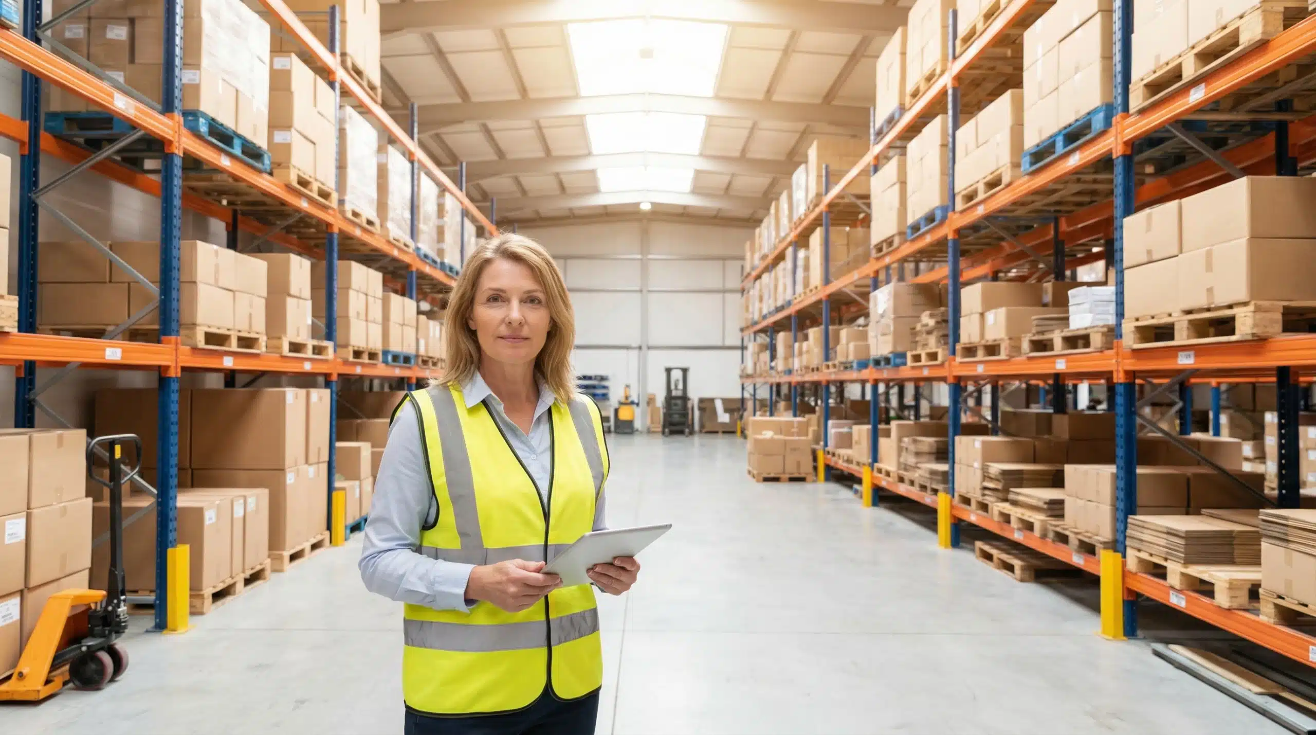 Female warehouse manager in safety vest holding tablet in distribution center aisle
