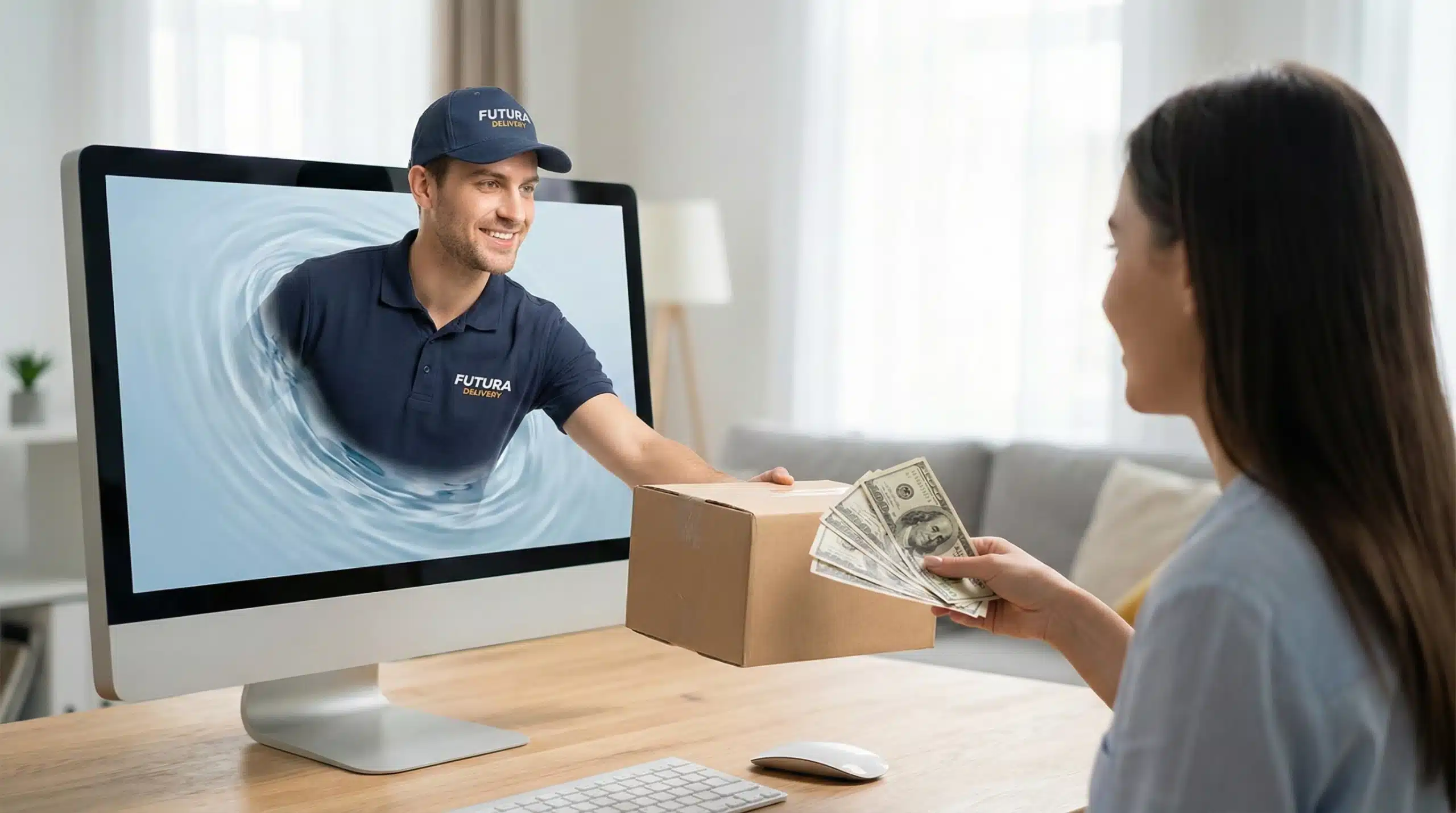 Delivery worker extending package from computer screen while customer holds payment cash