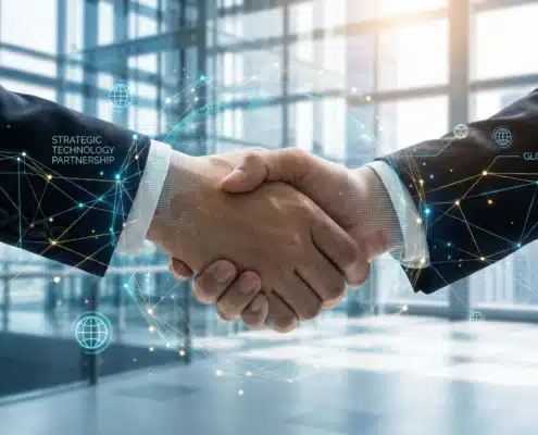Business handshake with digital network overlay representing strategic technology partnership