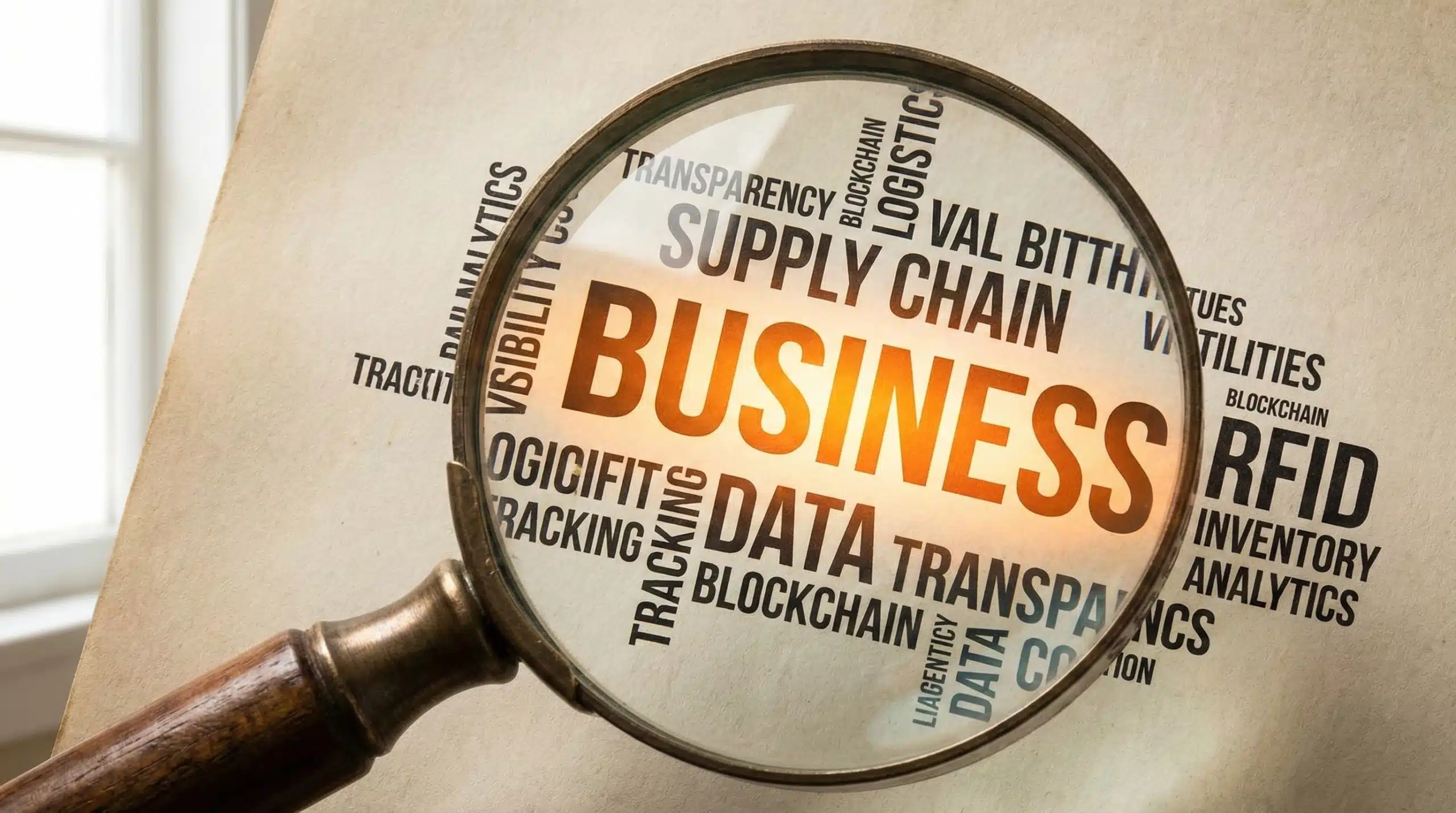 Magnifying glass highlighting "business" in word cloud showing supply chain visibility terms