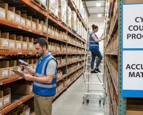 Warehouse workers conducting cycle count inventory with barcode scanners and accuracy matters signage
