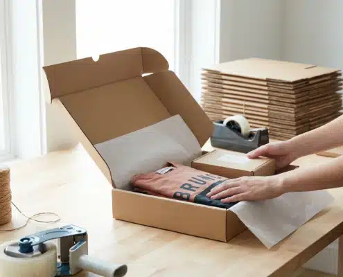 Person packing clothing item in cardboard shipping box with warehouse supplies on table
