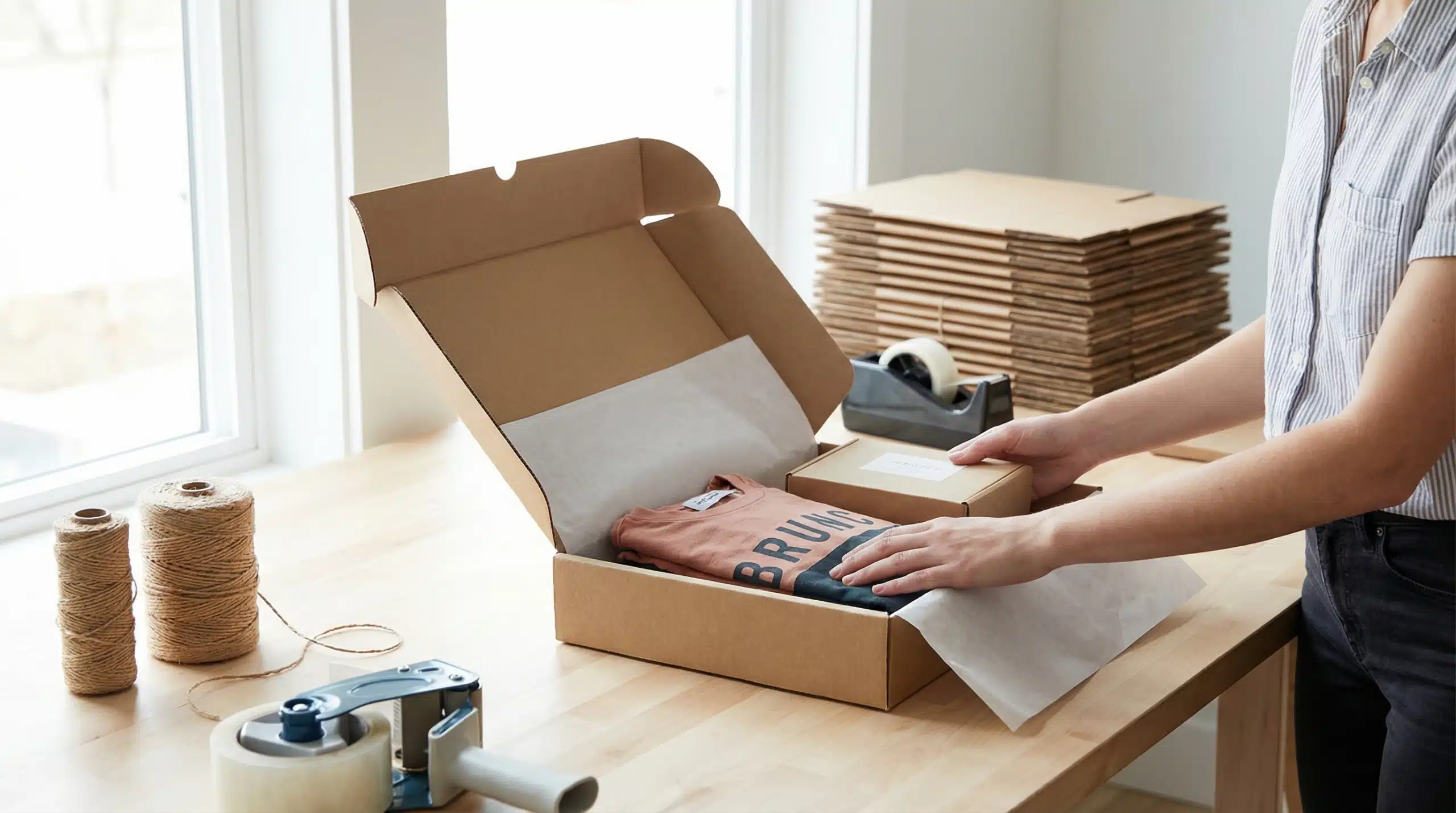 Person packing clothing item in cardboard shipping box with warehouse supplies on table
