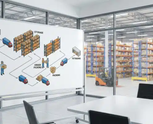 Warehouse management system flowchart showing inbound, storage, order picking, packing and outbound processes