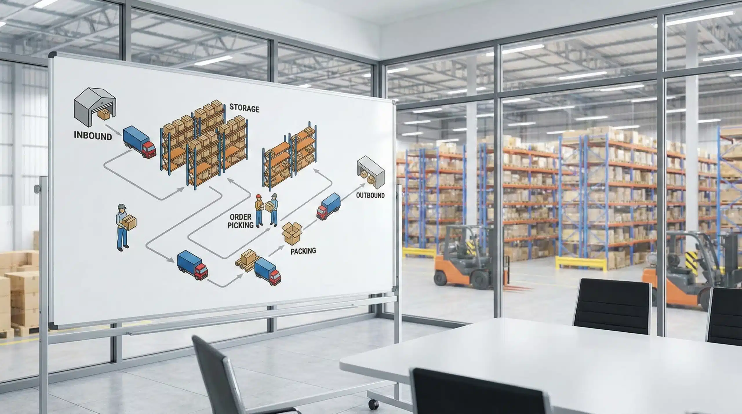 Warehouse management system flowchart showing inbound, storage, order picking, packing and outbound processes