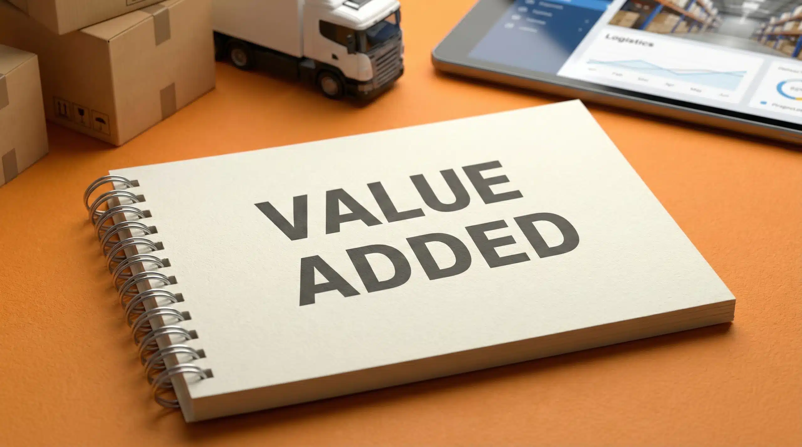 Spiral notebook displaying "VALUE ADDED" text on orange background for 3PL services