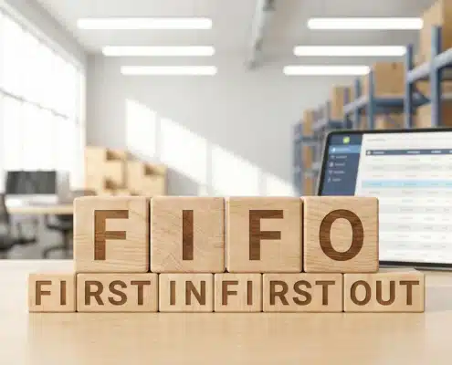 Wooden blocks spelling FIFO with First In First Out below for inventory management