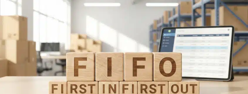 Wooden blocks spelling FIFO with First In First Out below for inventory management