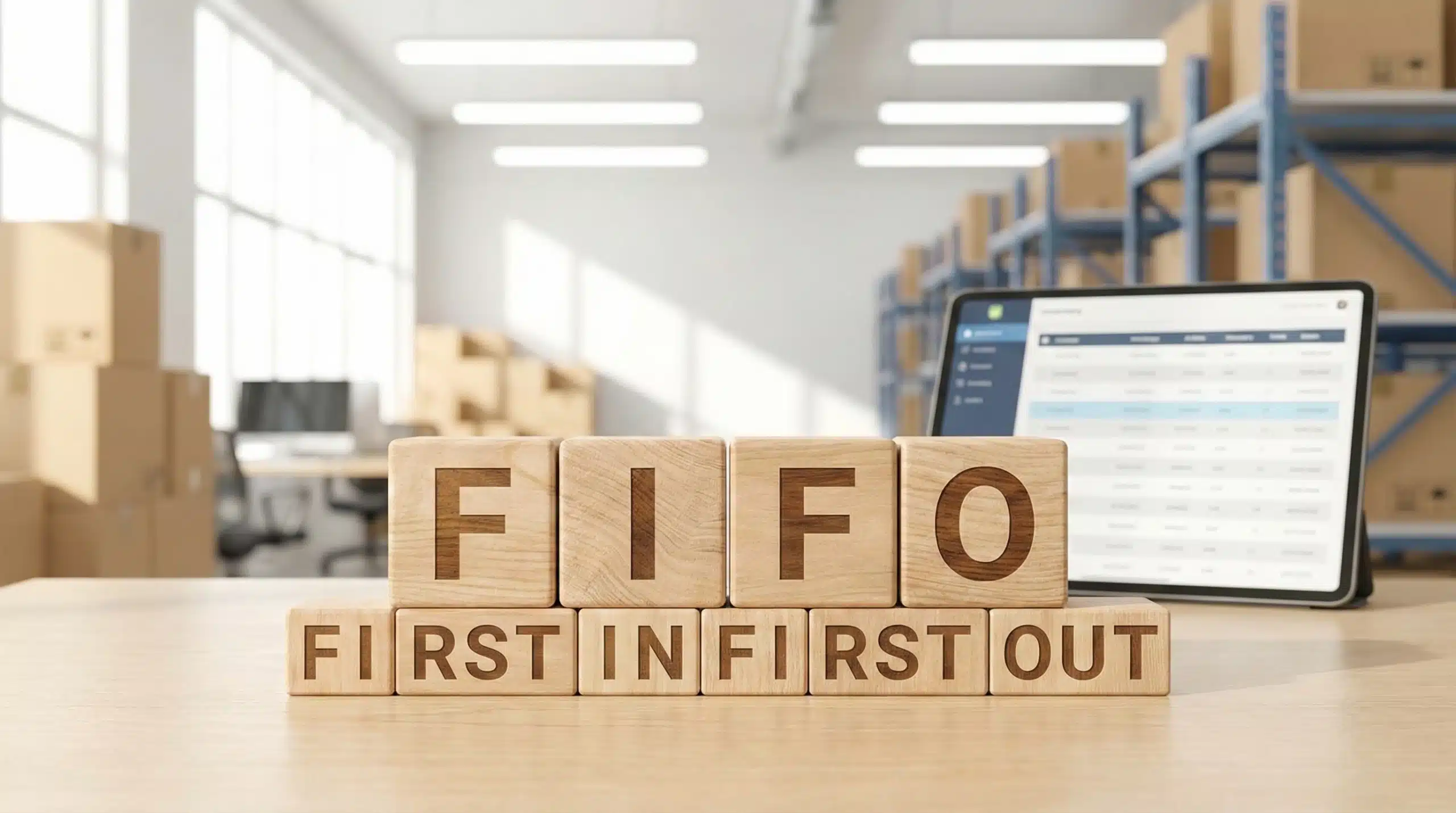 Wooden blocks spelling FIFO with First In First Out below for inventory management