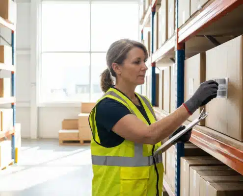 Warehouse worker in safety vest organizing inventory with clipboard and labels
