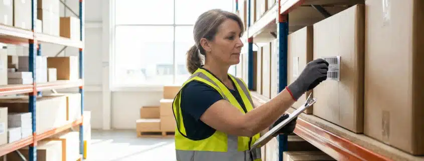 Warehouse worker in safety vest organizing inventory with clipboard and labels