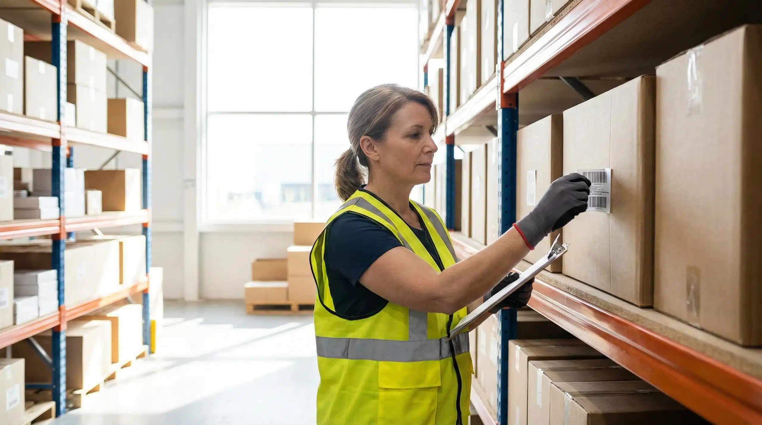 Warehouse worker in safety vest organizing inventory with clipboard and labels