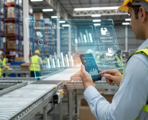 Professional using smartphone with digital warehouse management system interface overlay