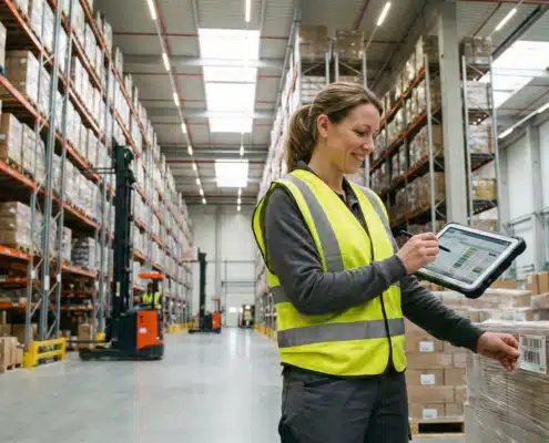 Warehouse worker in safety vest using tablet for inventory management in storage facility