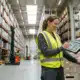 Warehouse worker in safety vest using tablet for inventory management in storage facility