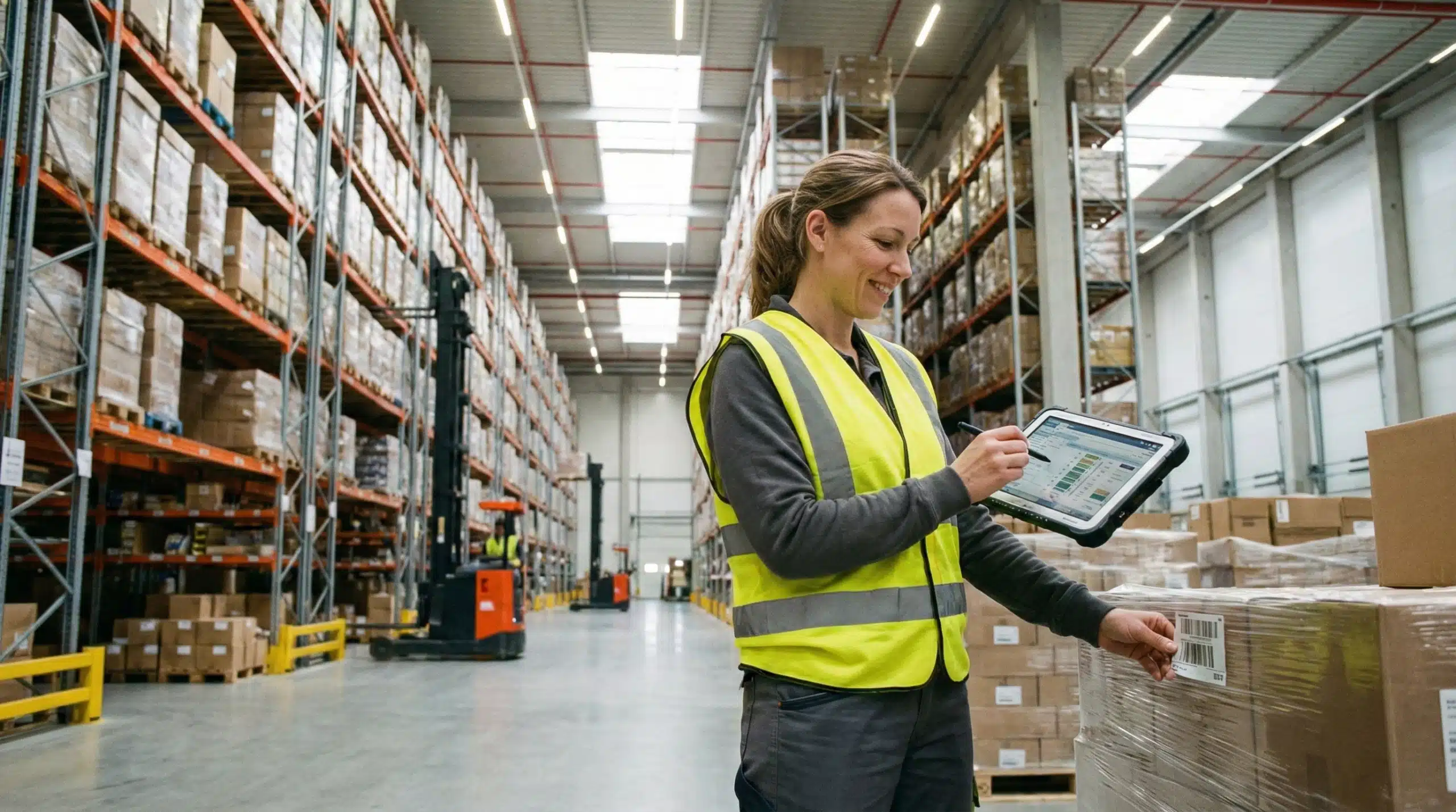 Warehouse worker in safety vest using tablet for inventory management in storage facility