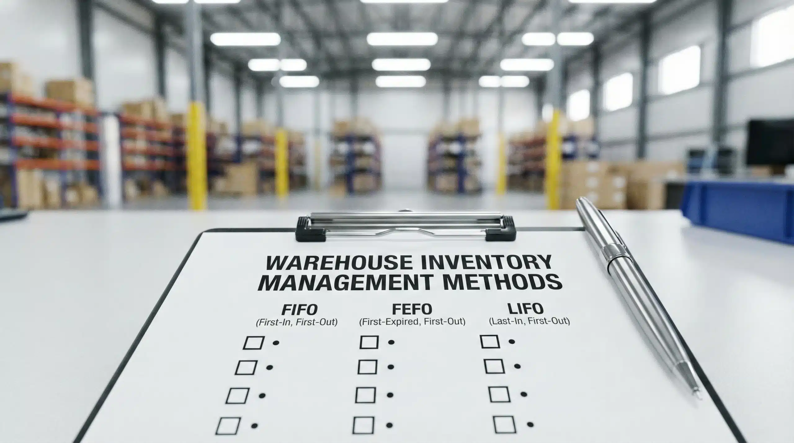 Clipboard showing FIFO, FEFO, LIFO warehouse inventory management methods checklist