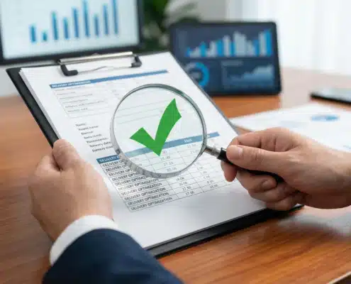 Hands examining clipboard with magnifying glass showing checkmark, representing supply chain efficiency analysis