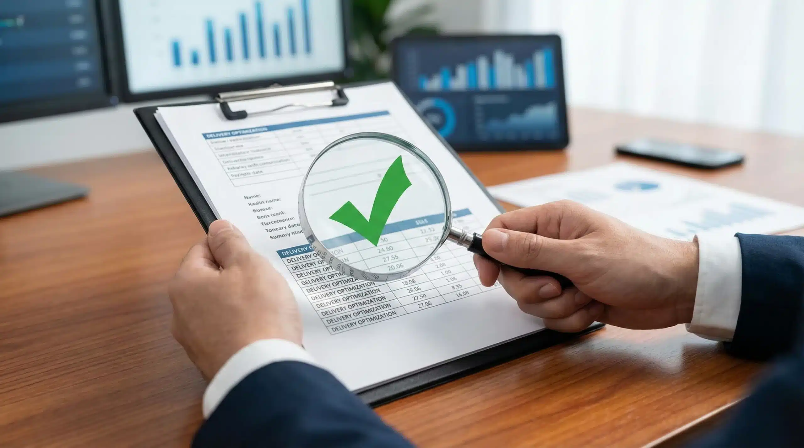 Hands examining clipboard with magnifying glass showing checkmark, representing supply chain efficiency analysis