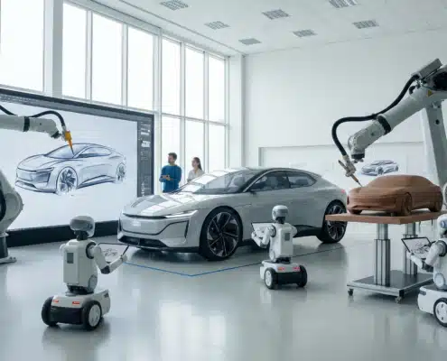 Robotic arms and AI robots in modern automotive design studio with concept car